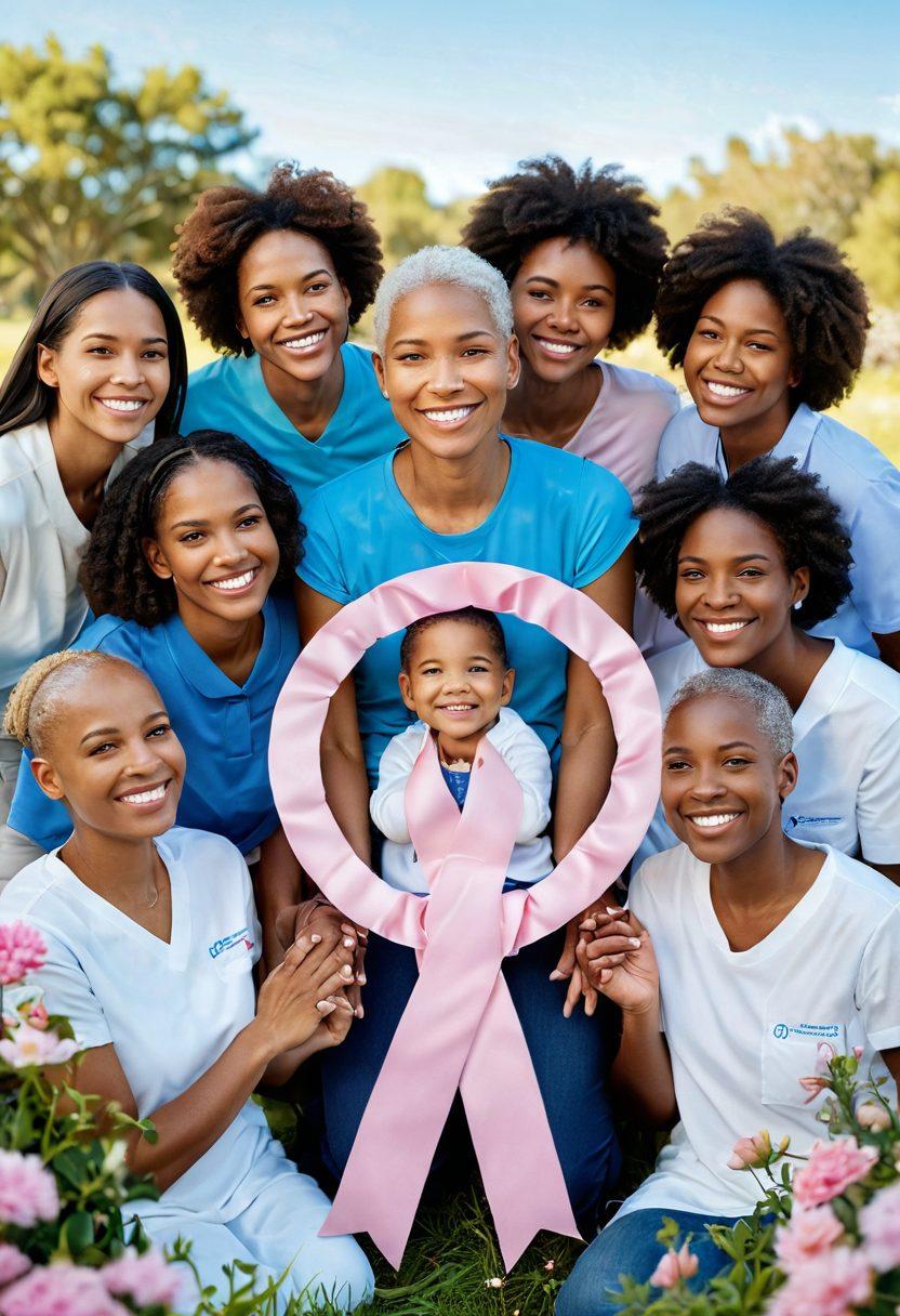A serene landscape featuring a diverse group of people gathered in a supportive circle, exchanging smiles and encouragement. In the foreground, an empowering ribbon symbolizing cancer awareness, surrounded by blooming flowers representing hope and resilience. Soft lighting to create a warm atmosphere, blending with a clear blue sky. The image conveys unity, strength, and compassionate care. super-realistic. vibrant colors. soft focus.